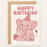 Cute Pink Elephant 2nd Birthday Card - Happy Second Birthday - Greeting Card